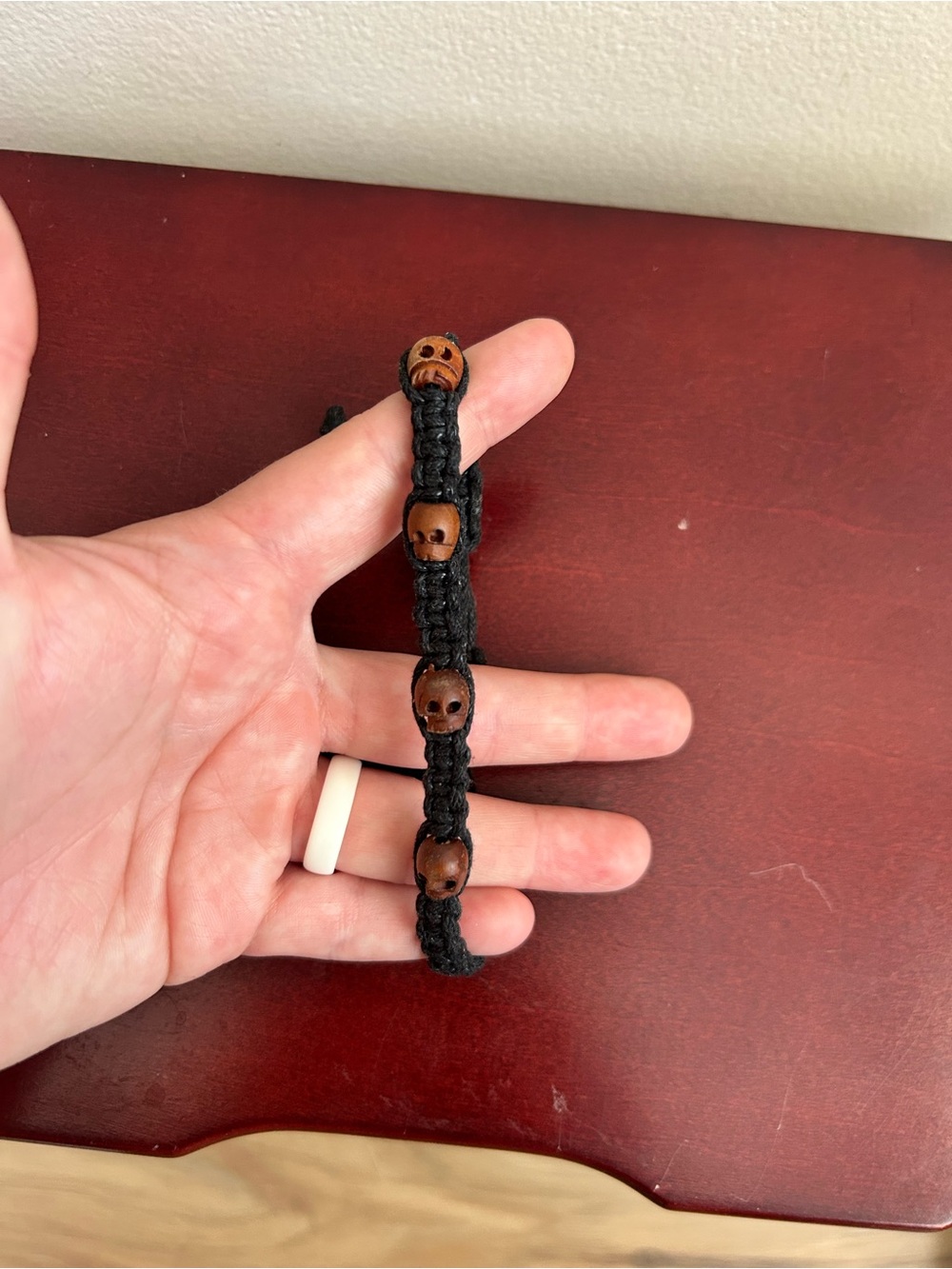 Handmade Black Macrame Bracelet With Hand Carved Wooden Skull Beads